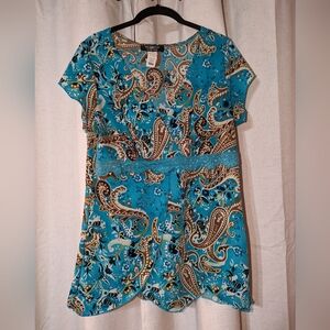 2000s Lace Waist Flutter Asymmetrical Designed Hem Milkmaid Paisley Blouse